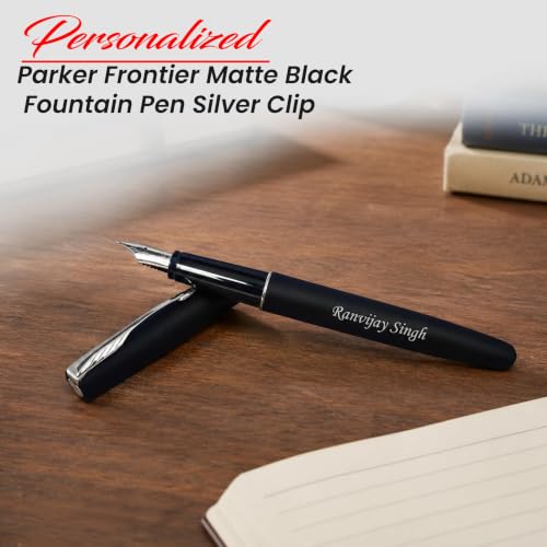 Image of SAVRI Personalized Parker Matte Black Fountain Pen with Silver Clip | Name Engraved Pen | Writing Gift for Boss, Office, Birthday & Anniversary | Customized Fountain Pen for Professionals, Students