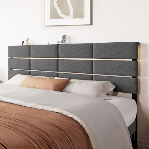 King/Cal King Size Upholstered Headboard, Adjustable Head Boards with LED Light & Charging Station, Bed Headboard Only, Attach Frame, Ideal for Bedroom, Dorm, Guest Room, Dark Grey