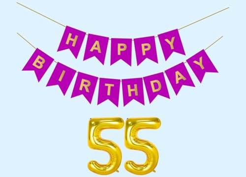 Image of 55th Happy Birthday Decoration Kit Purple for 55 year Old Men with Number Fifty-five Party Decorations Decor Celebration Items Item Set Combo Reusable Paper Banner