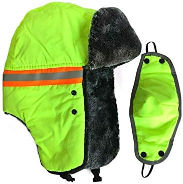 Men High Visibility Reflective Trooper Trapper Bomber Hat Wind Proof Ski Thermal Winter Hat with Ear Flap Face Mask (Neon Lime)