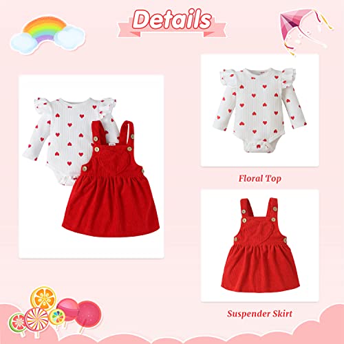 Melaogoy Newborn Baby Girl Clothes Ruffle Romper For Baby Girls Floral Long Sleeve Heart Suspender Skirt Infant Girls Outfit Set(0-3M Red) #TOP2