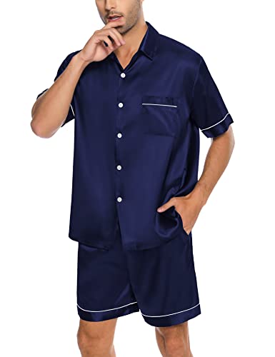 SWOMOG Men Silk Satin Pajamas Short Sleeve Pjs Set Button Down Sleepwear Soft Lounge Set Nightwear with Pockets2