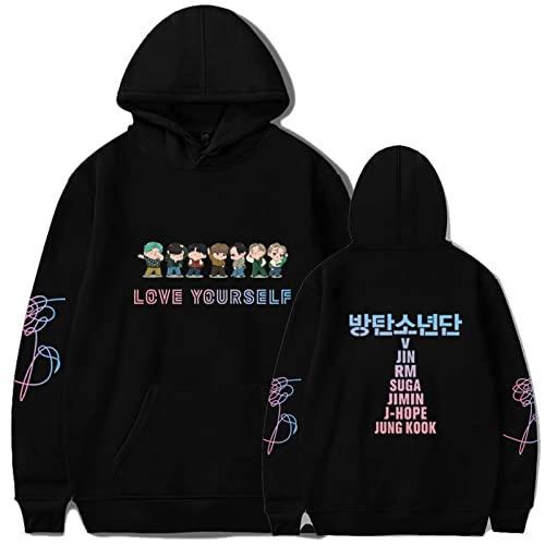 Teiniuby Bangtan Boys Hoodie Love Yourself Sweatshirt K-pop Jungkook Suga Jimin RM Sport Pullover Sweater Jacket Coat(Black,Small)