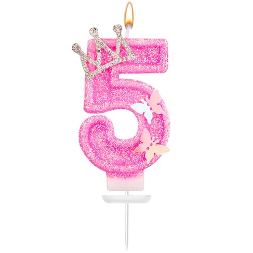 Birthday Number Candle, 2.87in Pink Glittering Number Cake Candles with Butterfly and Rhinestone Crown Girl Birthday Number Candles Perfect Birthday Anniversary Decorations(Number 5)