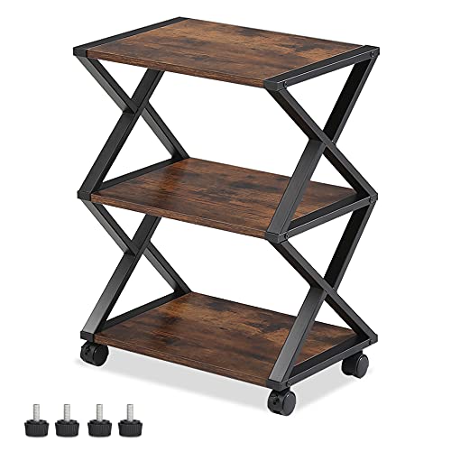 FITUEYES Mobile Printer Stand, Rustic 3 Tiers Storage Shelf Wood and Metal Machine Cart with Wheels, Workspace Rolling Printer Table for Home Office, Vintage Brown, FDO304501WG