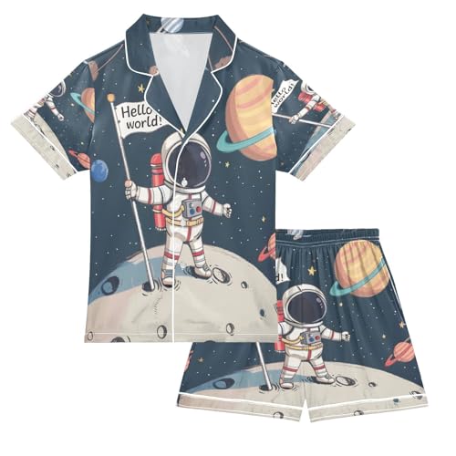 ALAZA Planet Solar System Space Universe Astronaut Satin Pajamas Set Short Sleeve Button Down Sleepwear Summer Pjs 2 Piece
