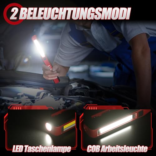 Foto von Linkax LED Arbeitsleuchte Werkstattlampe 2 Stück, Taschenlampe LED Aufladbar, COB Handlampe mit Magnet Clip für Auto Reparatur Werkzeug Werkstatt Zubehör, Geburtstagsgeschenk für Männer Papa Geschenk