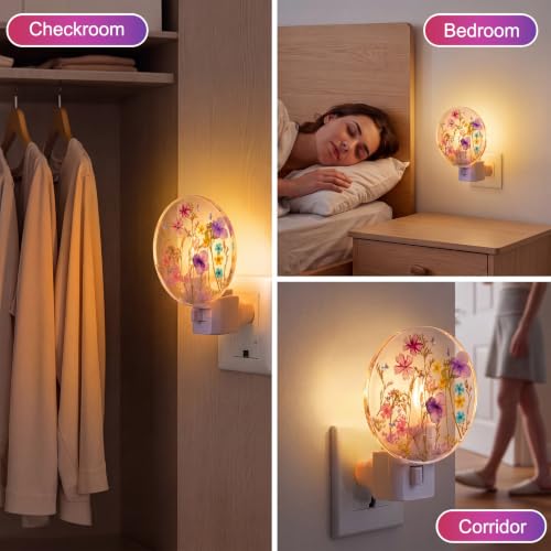 Image of Glooglitter Pressed Flower Night Light Plug in-Handmade Dried Floral Wall Night Light, Glow Decorative Nightlight for Hallway Bedroom Nursery Bathroom, Vintage Botanical (Purple, Wildflowers)