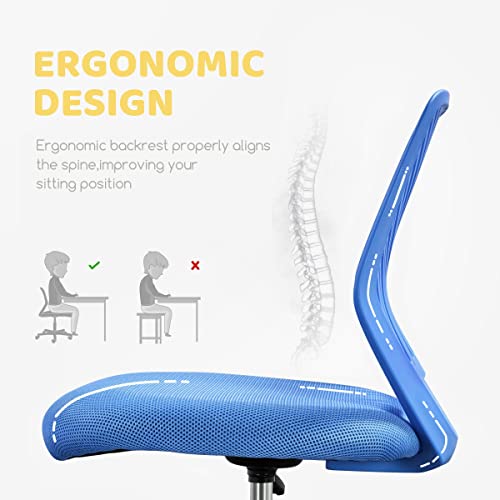 Image of Yaheetech Small Desk Chair, Armless Adjustable Swivel Seat, Blue | Padded mesh seat and ventilated resin back, compact armless frame rolls and adjusts for study and small desks, holds 300 lb.