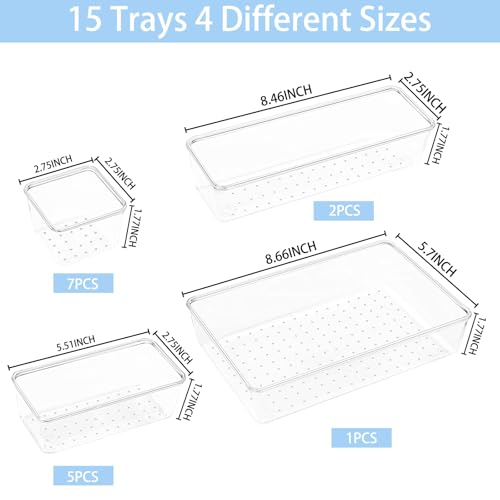 image for Manalete Drawer Organizers Set of 15, 4 Sizes Clear Plastic Drawer Org