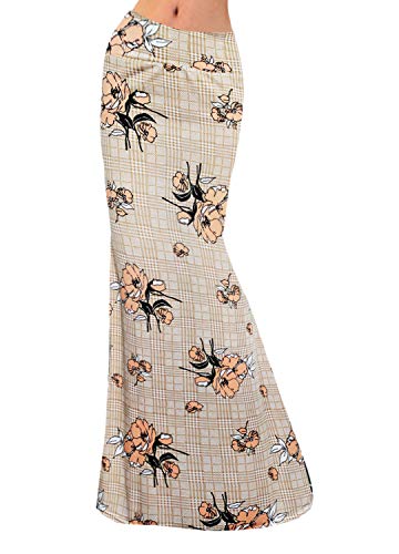 Multifit Women's Bohemian African Floral Print Skirt Fold Over High Waist Pleated Long Maxi Swing Skirt Dress Small Apricot Flowers