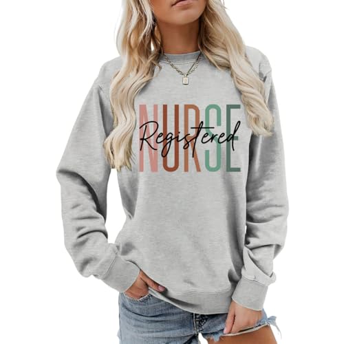 Registered Nurse Sweatshirt Women Rn Nurses Life Crewneck Long Sleeve Nursing Studenrt Pullover Tops (US, Alpha, Medium, Regular, Regular, Grey)