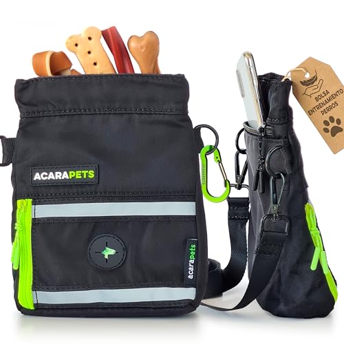 ACARAPETS Bolsa Entrenamiento Perros, Cierre automático, dispensador Bolsa excrementos (Rollo Regalo), mosquetón, 3 Bolsillos, Reflectante, Impermeable, premios, chuches, golosinas.