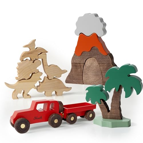 Personalized Colored Wooden Car Play Set with Dinosaur Theme – Custom Toddler Sensory Toys, Unique Birthday and Baptism Gifts for Boys, Nursery Room Decor, Baby Shower Gifts