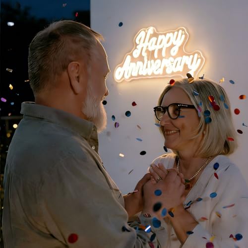 Image of Happy Anniversary Neon Sign - 15.75 inch Dimmable LED Wall Decor Light, USB Romantic Gift for Couples,Business Celebrate Banner,Party Wedding Anniversary Decorations