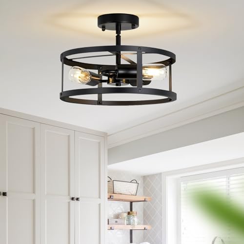 Daoseolo Farmhouse Semi Flush Mount Ceiling Light, 3-Light Black Metal