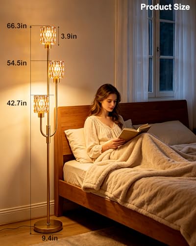Image of 66IN Glass Floor Lamp 3-Lights Modern Gold Dimmable Floor Lamps with 3000K Warm White Bulbs for Wedding Party Tall Standing Lamp with Amber Glass Shade for Living Room /Bedroom /Home Decor