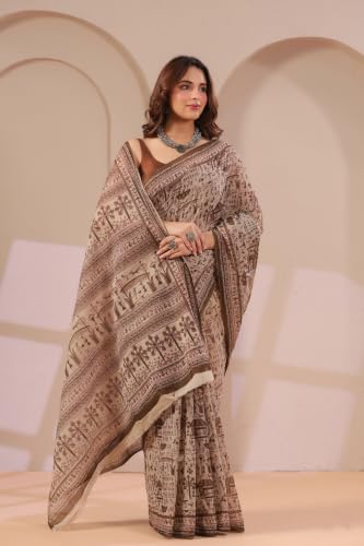 Image of TAMAIRA FASHION Off White Mulmul Pure Cotton Saree For Woman Warli Printed|Office Wear Daily Wear Sarees For Women Without Blouse Piece (Available in 21 Colours)