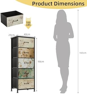 CAIYUN Chest of Drawers Bedroom with 5 Drawers, Tall Fabric Dressers with Flower Printing, Dresser for Entryway Hallway Living Room, Closet Storage Drawer, Bedside Table