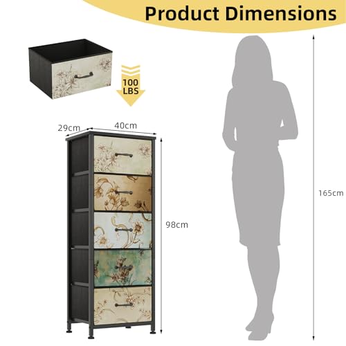 CAIYUN Chest of Drawers Bedroom with 5 Drawers, Tall Fabric Dressers with Flower Printing, Dresser for Entryway Hallway Living Room, Closet Storage Drawer, Bedside Table