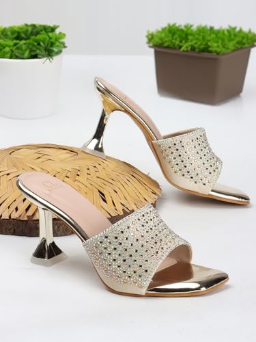 Image of Carlton London Women Stylish Embellished Sandal with Stiletto Heels, Square Toe for Party