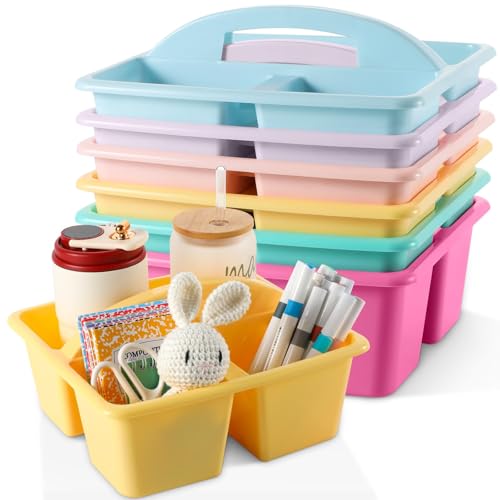 6 Pack 3 Compartment Small Caddy Plastic Classroom Organizer with Handle Portable Teacher Supply Storage Caddy Craft Art Caddies for Pencil, Crayon, Marker, Home, Office, School Supplies(Pastel)