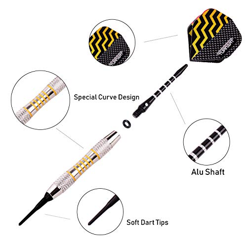 Turnart Dartpfeile mit Kunststoffspitze 9 Stück 18 Gramm mit 50 zusätzlichen Dartspitzen 20 Gummiringen 27 Flügen 9 PC-Wellen Werkzeugsatz für Elektronische Dartscheibe (Golden)