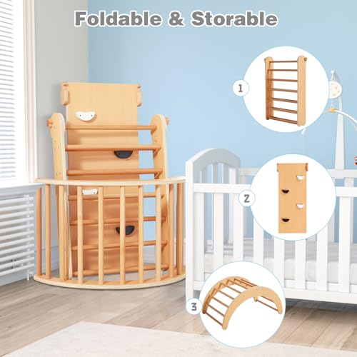 Image of Beright 4 in 1 Pikler Triangle Gym, Montessori Foldable Climber with Ramp, Indoor Climbing Toys for Kids, Climbing Triangle for Toddlers Arch Climber, Rocker, Learning Waldorf Toy Structure, Natural
