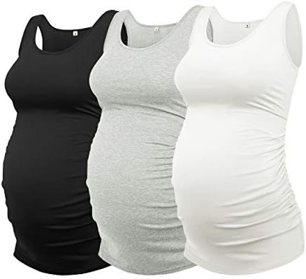 AMPOSH Women's Maternity Tank Top 3 Pack Ruched Side Sleeveless Pregnancy Basic Shirt(Black/Gray/White, M)