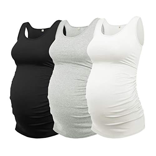AMPOSH Women’s Maternity Tank Top 3 Pack Ruched Side Sleeveless Pregnancy Basic Shirt