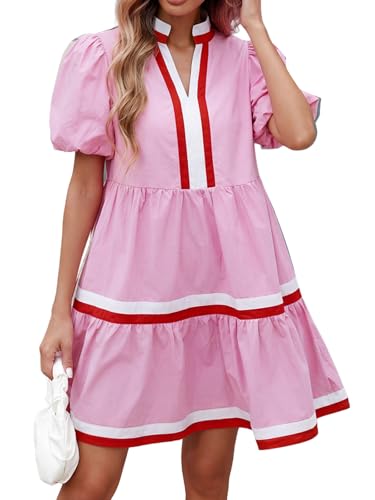 Image of LifeShe Womens Puff Sleeve Babydoll Dress V Neck Navy Blue Striped Color Block Tiered Mini Dresses