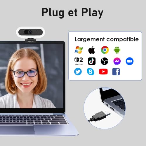 VIZOLINK Webcam 4K 30FPS LED Réglable 3 Niveaux Autofocus Micro Anti-Bruit Correction Faible Luminosité 78°FOV Plug Play Cache de Confidentialité Trépied, pour Conférence Appel Vidéo Streaming (S) – vue 8