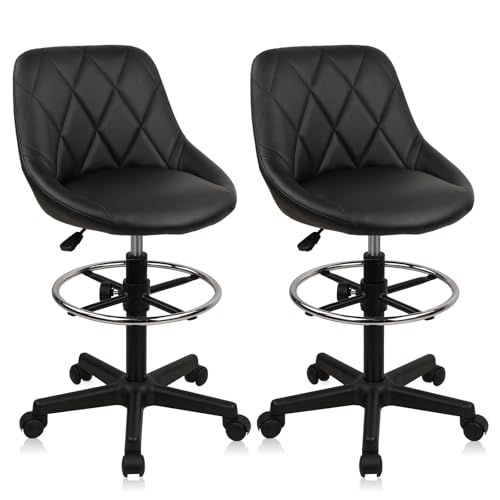 Image of Small Rolling Stool with Backrest - 360 Swivel Chairs with Wheels, Adjustable Height Footrest Armless Vanity Chair, Thickened Seat Cushion Stool Chairs for Spa, Shop, Salon, Massage, Black, 2 Pack