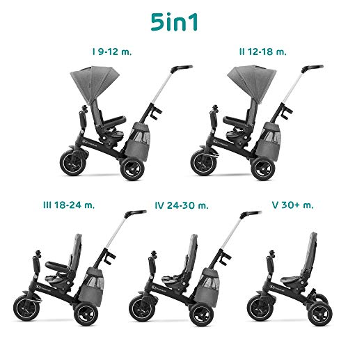 Kinderkraft Dreirad EASYTWIST, Kinderdreirad, Jogger, mit Zubehör, Dachfenster, Sicherheitsgurte, 360 Grad Drehbar, Freilaufrad, Schubstange, ab 9 Monate bis 5 Jahre, Bequemer Sitz, Grau – Bild 3