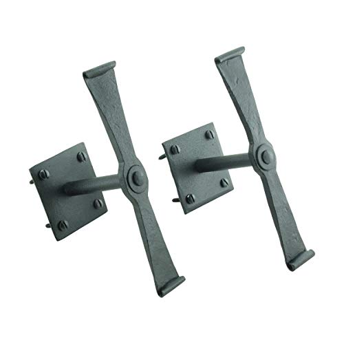 Renovators Supply Manufacturing Shutter Dogs Pair 5.75 In. Black Wrought Iron Propeller Design Shutter Dogs With Mounting Hardware #TOP2