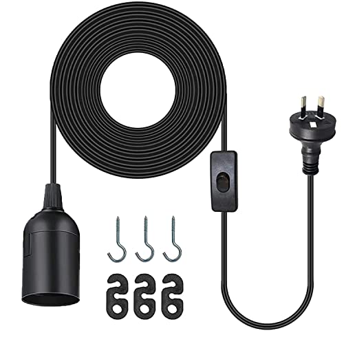 E27 Cable Cord with Switch, 6.1M Extension Hanging Lantern Cord Cable, Lamp Base Bulb Holder Socket On/Off Switch & AU AC Power Plug Pendant Lighting, for Kitchen Bedroom Plant Growth Light (Black)