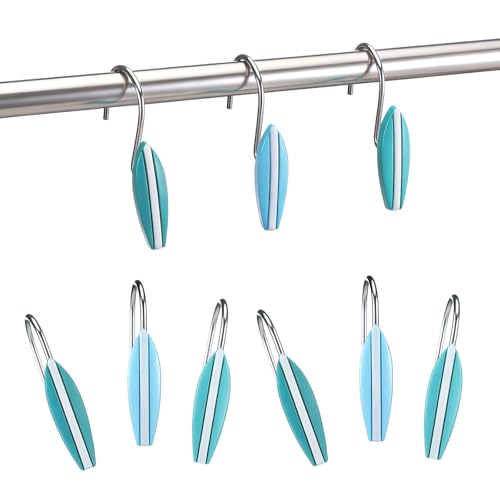 Amyhill 12 Pcs Surfboard Shower Curtain Hooks Decorative Shower Curtain Rings Stainless Steel Resin Sea Theme Bathroom Decor Suitable for Home Bedroom