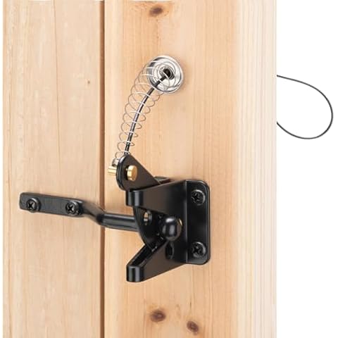 HILLMASTER Self Locking Gate Latch for Wooden Fence Heavy Duty,Gravity Lever Fence Door Latches with Steel Spring Cable Pull String Gate Hardware Gate Lock for Outdoor Secure Pool,Garden,Black Finish Cover