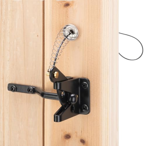 HILLMASTER Self Locking Gate Latch for Wooden Fence Heavy Duty Gravity Lever Fence Door Latches with Steel Spring Cable Pull String Gate Hardware Gate Lock for Outdoor Secure Pool Garden Black Finish