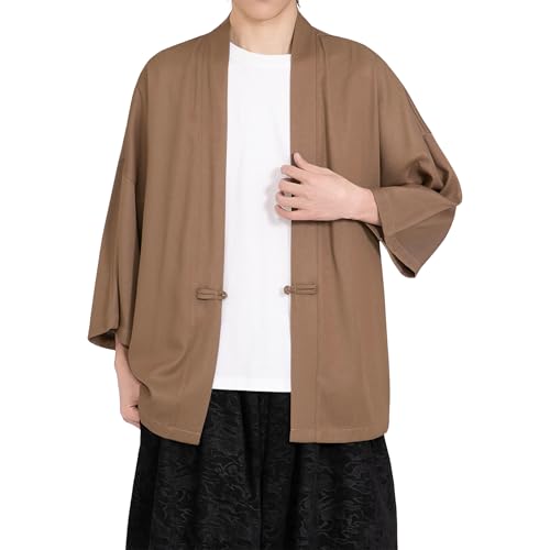 Image of PRIJOUHE Men's Kimono Jackets Cardigan Casual Cotton Blends Linen Seven Sleeve Open Front Embroidery Coat