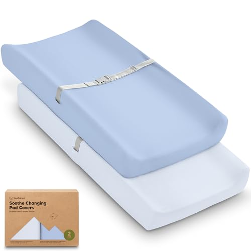 Image of 2-Pack Organic Changing Pad Covers for Girl, Boy, 100% Cotton (Blue Flax) | 34x18, Soft Diaper Changing Table Pad Cover, Contour Baby Changing Pad Sheets, Gender Neutral Liners, Nursery Dresser, Fitted