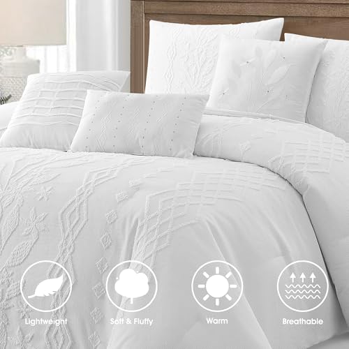 Image of LANCO MODERN LIFESTYLE White Comforter Set, Queen Size, 7 Pieces Jacquard Boho Bedding Set for All Seasons, Ultra Soft and Fluffy, Matching Pilllow Shams, Bedskirt and Decor Pillows