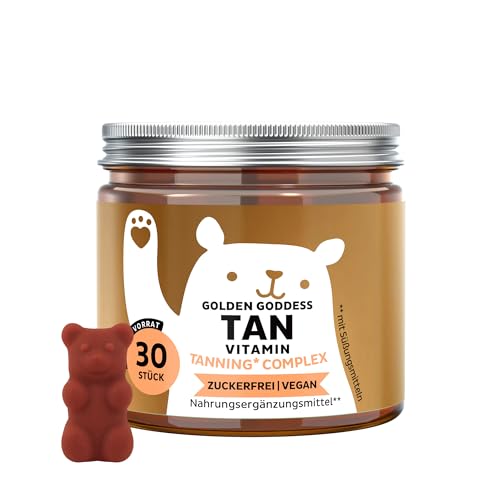 Golden Goddess Tan Gummies - Bräunungsbooster & Sonnenschutz - Lutein Astaxanthin Vitamin C E D Beta-Carotin & Kupfer - 30 Stück (1 Monat) - Zuckerfrei Vegan - Bears with Benefits