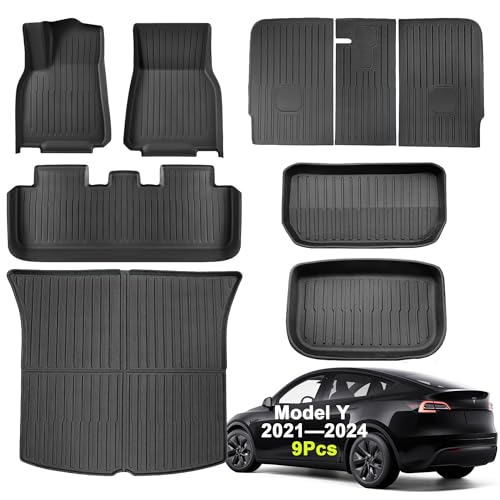 SUPER LINER Tesla Model Y Floor Mats 2021-2024 | Custom Fit All-Weather 9-Piece Set TPE Material |Full Coverage Floor Mats Back Seat Protector Cargo Liner Trunk & Interior Accessories