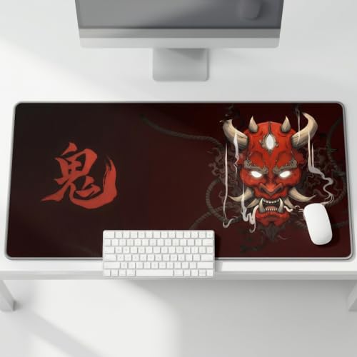 Image of Extended Desk Mat 458 x 915 mm | Premium Abstract Purple Desk Mat with Stitched Edges | 3mm Thick Non-Slip Desk Pad for Gaming, Office & Workstation (Oni - Red)