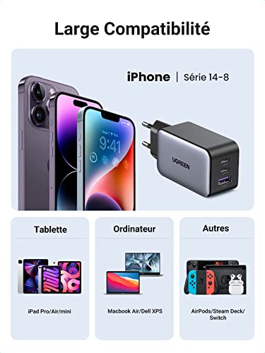 UGREEN Carregador 65W USB C Fonte de Alimentação USB Tipo C Carregador de 3 Portas Carregador PD Ráp
