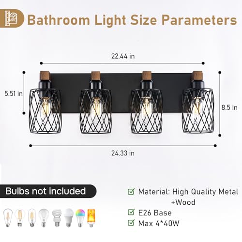 Image of 4-Light Farmhouse Bathroom Vanity Light, Wood Bathroom Lighting Fixtures Over Mirror, Black Bathroom Light Fixtures with Cage Metal Shade, Rustic Vanity Light with E26 Base