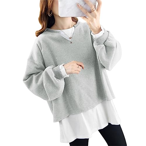 [Ｍｉｎｅｓａｍ] 重ね着風 パーカー トレーナー レイヤード 長袖 ゆったり トップス スウェット バルーン袖 カジュアル 春秋冬 グレー 2XL