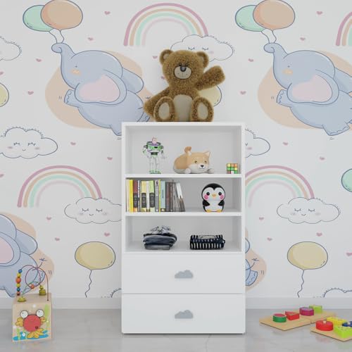 Image of VIKI Kids Wardrobe Almirah - Kids Storage Cabinet with 2 Drawers & Open Shelf for Bedroom, White (40x60x102 cm) | 1 Year Warranty