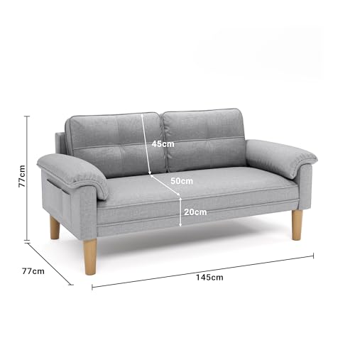 Xbro Sofa 2 Sitzer, 144 x 77 x 77 cm Kleine Couch 2 Sitzer mit Armlehne und Seitentasche, Modernes Stoffsofa für Wohnzimmer, Wohnung, Büro, Einfache Montage, Hellgrau